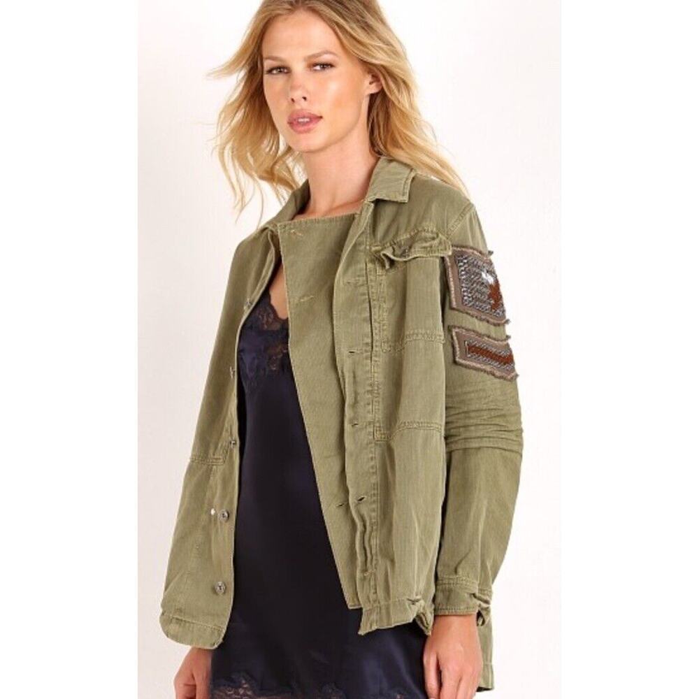 Free People Distressed Military Embellished Shirt Jacket Button Cotton Size S